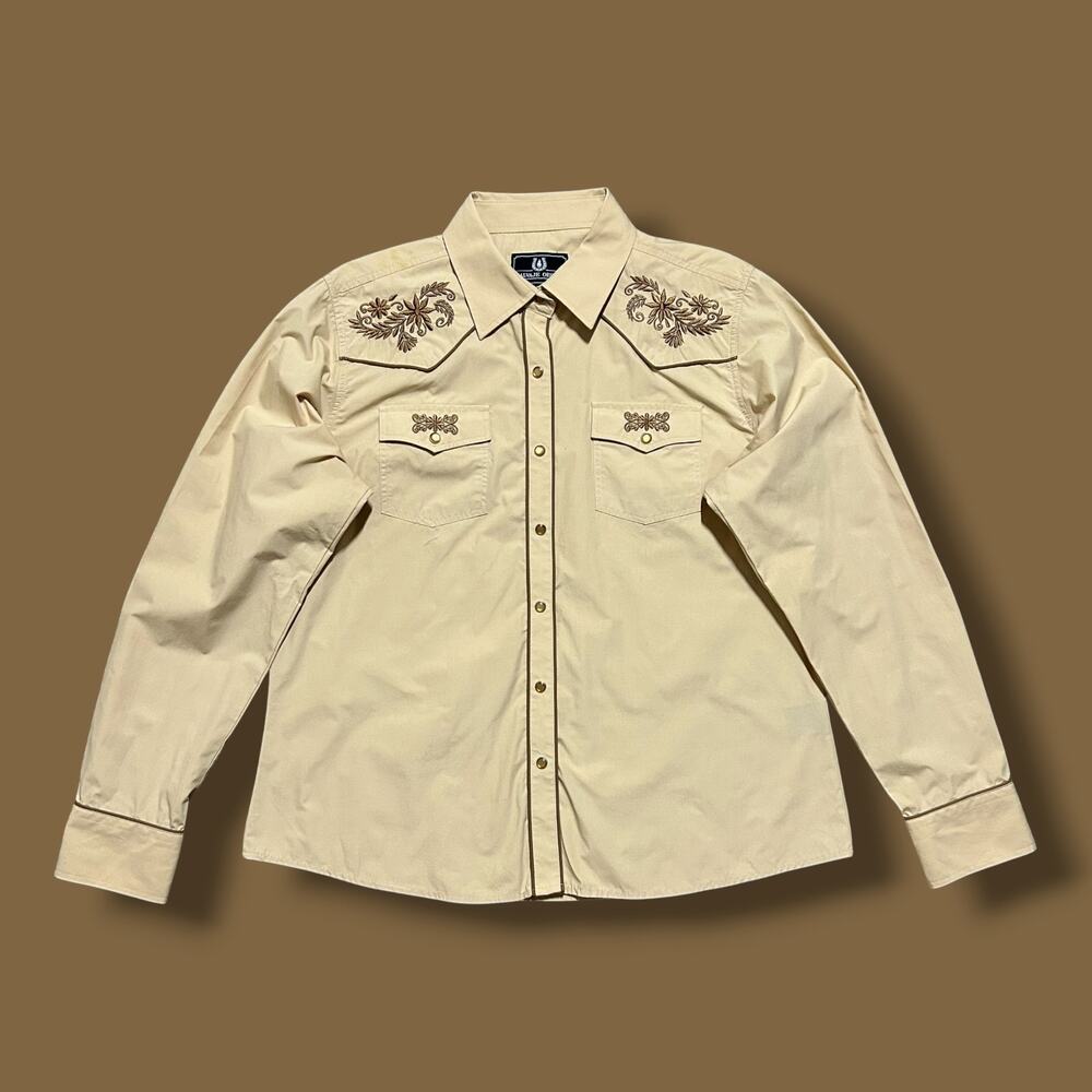 Western Shirt Pearl Snap Cowboy Rodeo Womens XL Brown Tan Long Sleeve Retro